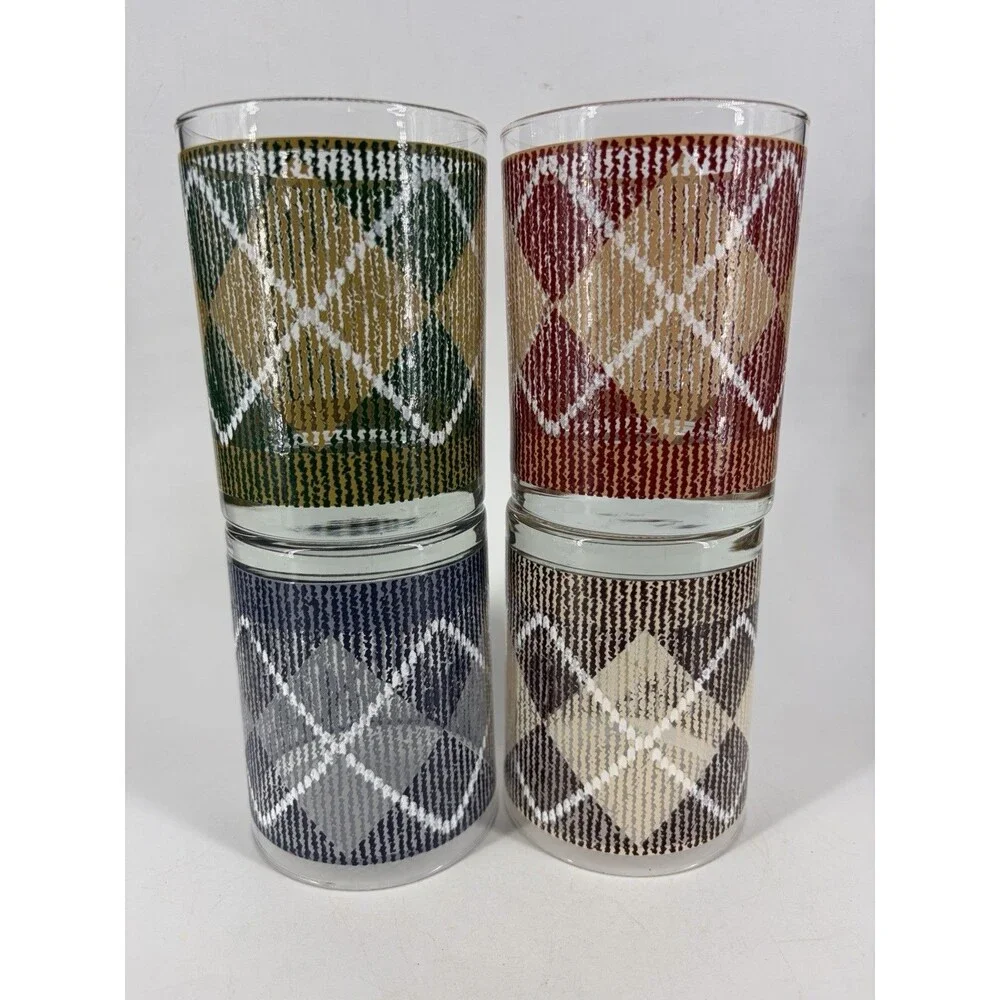 Vintage Rocks Glasses Set of 4 Mid Century Barware Diamond Plaid Harlequin